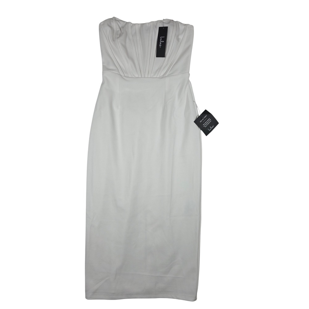 Lulus Strapless Corset Midi Dress Bodycon Bustier White Small NWT Bridal Wedding